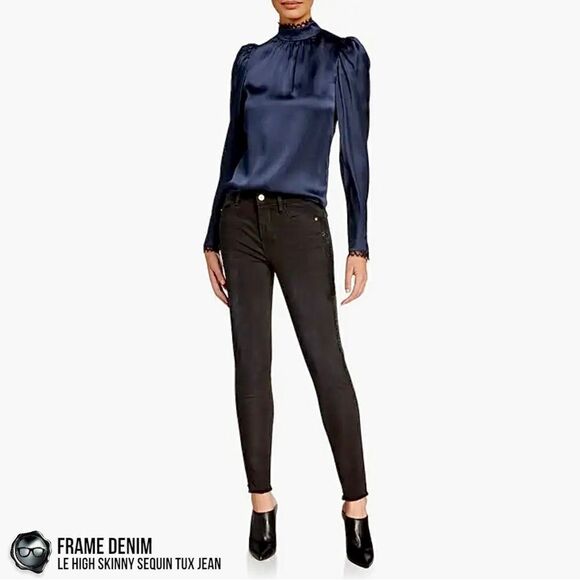 FRAME DENIM LE HIGH SKINNY SEQUIN TUX STRIPE JEAN NOIR BLACK WOMEN’S SIZE 27 NWT - Picture 16 of 16